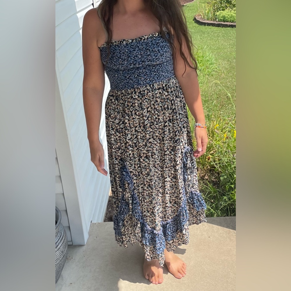 Free People Blue and Cream Textured Dress